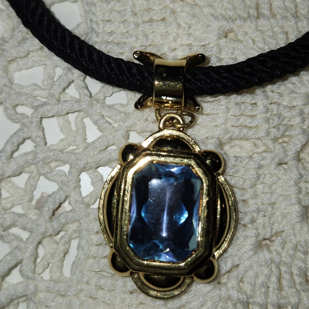 Blue Glass Pendant Necklace Gold Tone Vintage
